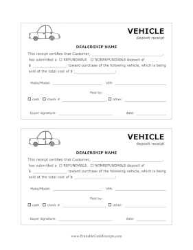 Dealership Car Deposit Receipt cash receipt