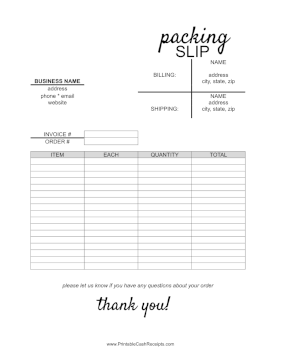 Packing Slip cash receipt