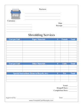 Shredding Services Receipt cash receipt