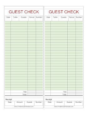 Guest Check Green Long cash receipt
