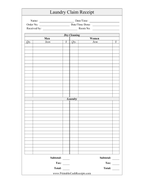 Laundry Claim Receipt cash receipt