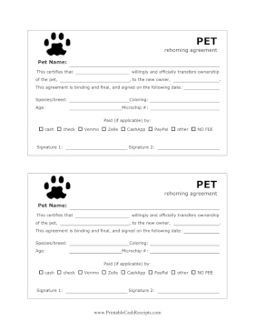 Pet Rehoming Agreement Receipt cash receipt