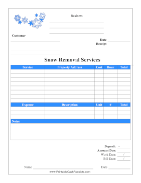 Snow Removal Services Receipt cash receipt