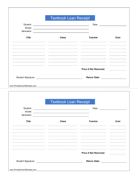 Textbook Loan Receipt cash receipt