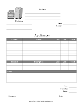 Appliance Sales Or Repair Receipt cash receipt