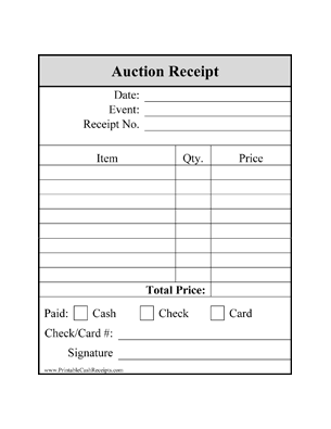 Auction Winner Receipts (4 per page) cash receipt