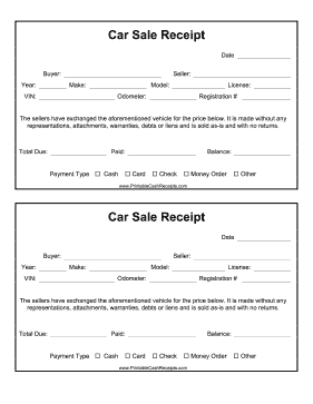 Car Sale Receipt cash receipt