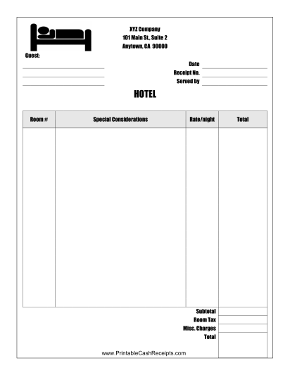 Hotel Receipt cash receipt