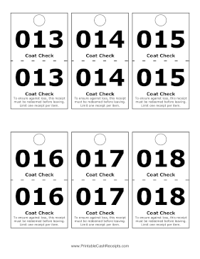 Numbered Coat Check Receipt 3 cash receipt