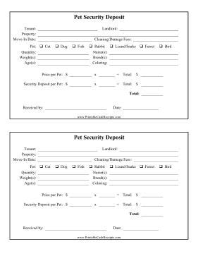 Pet Deposit Receipt cash receipt