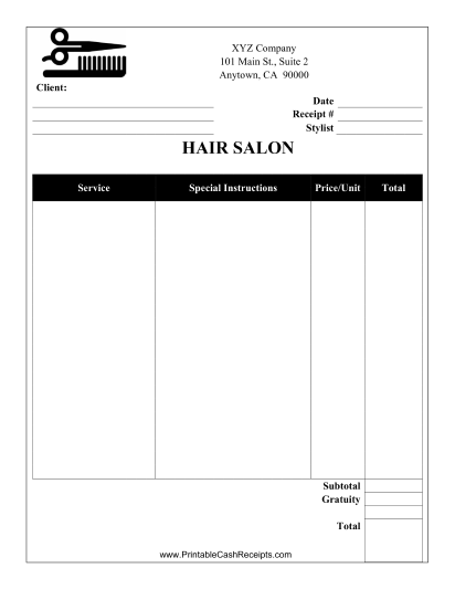 Salon Receipt cash receipt