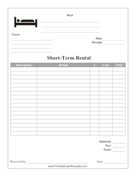 Short Term Rental Receipt cash receipt