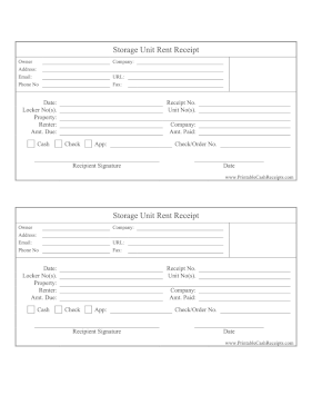 Storage Unit Rent Receipt cash receipt