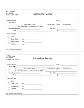 Subscriber Receipt cash receipt