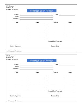 Textbook Loan Receipt cash receipt